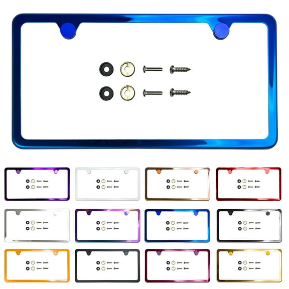 Slim 2 Holes Style Powder Coated Candy Blue Stainless Steel License Plate Frame with Aluminum Screw Cap