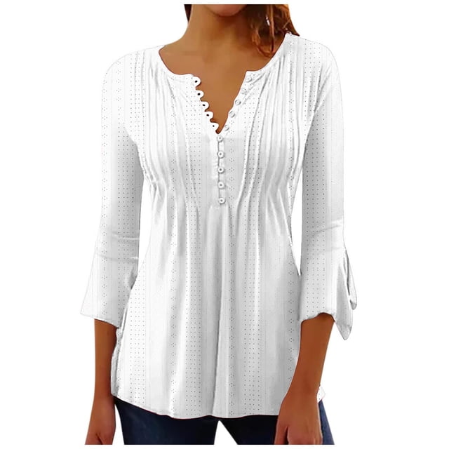 FAIWAD Women's Flared 3/4 Sleeve Tunic Tops V Neck Button Up Blouse Fall Casual Pleated Basic Pullover Tops
