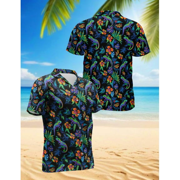 Colorful Gecko Hawaiian Shirt for Men, Tropical Style, Button Down Summer Beach Short Sleeve, Sizes S-5XL