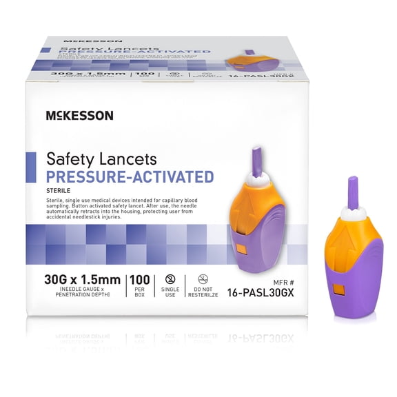 McKesson Safety Lancets, Pressure-Activated - 30 Gauge Needle, 1.5mm Depth, 100 Count, 1 Pack