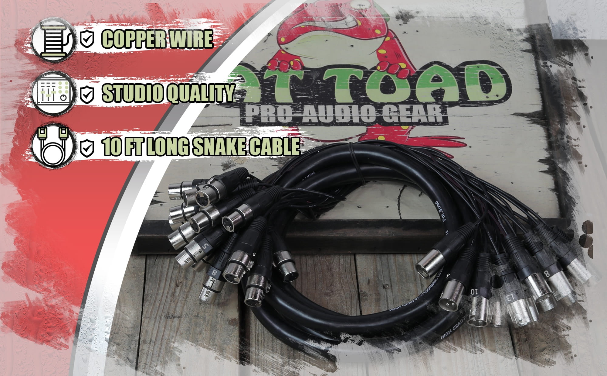 Fat Toad Studio XLR Snake Cable (16 Channels) 10 FT - Stage, Live Sound Recording Multicore Cords - Pro Audio Shielded Balanced Double-Sided Microphone Cables for DJ Digital Mixers or Amplifiers