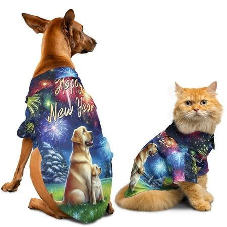 Happy New Year Labrador Retriever Family Cheer Winter Midnight Firework Hawaiian Summer Shirt for Small Medium Large Dog Cat Lab Dog Lover Gifts - 02025
