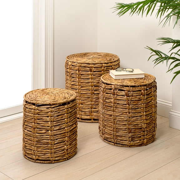 JONATHAN Y Zaria 18" Coastal Bohemian Handwoven Water Hyacinth Nesting Round Accent Table, Natural (Set of 3), TBL2503A-3SET