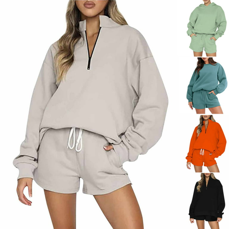 Sksloeg Womens Two Piece Outfits Hoodie Lounge Sets Outfits Long Sleeve  Sweatshirt and Short Sweatpants Sweatsuit,Blue L 