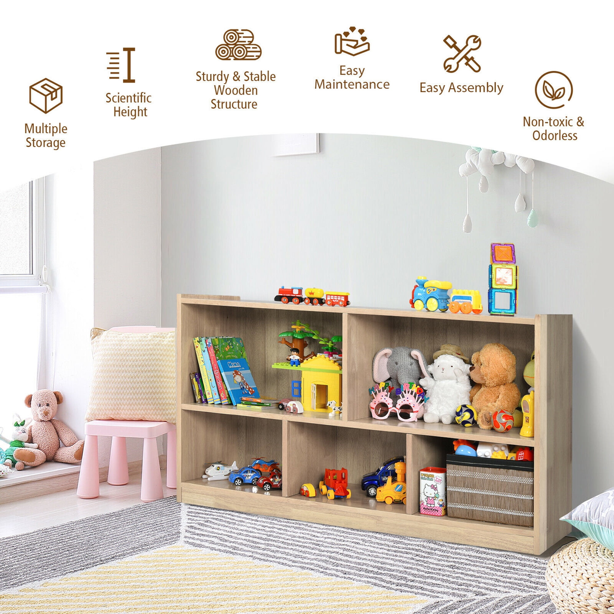 Gymax Kids 5-Cube Storage Cabinet 2-Shelf Wood Bookcase Organizer Natural