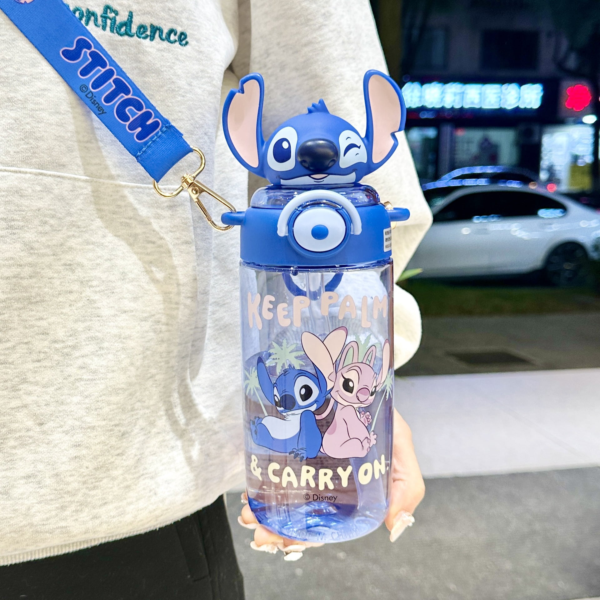 YOSENING 650ML/22OZ Cute Stitch Cup with Straw - Portable Water Bottle with Shoulder Strap for Kids, Boys & Girls QQH624-1881