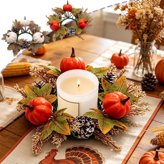 Fall Candle Rings Fall Decorations for Home Halloween Thanksgiving Decorations Artificial Pumpkin Maple Leaf Pinecone Candle Wreath for Desktop by MPOISVA