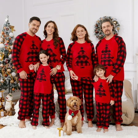 

PatPat Black/Red Mommy and Me Christmas Family Matching Xmas Tree Embroidered Red Plaid Raglan-sleeve Thickened Polar Fleece Pajamas