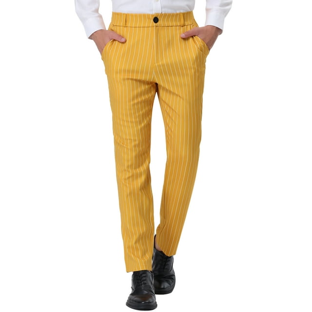 INSPIRE CHIC Men's Pants Stripes Zipper Closure Front Pockets Dress Pants 32 Yellow White
