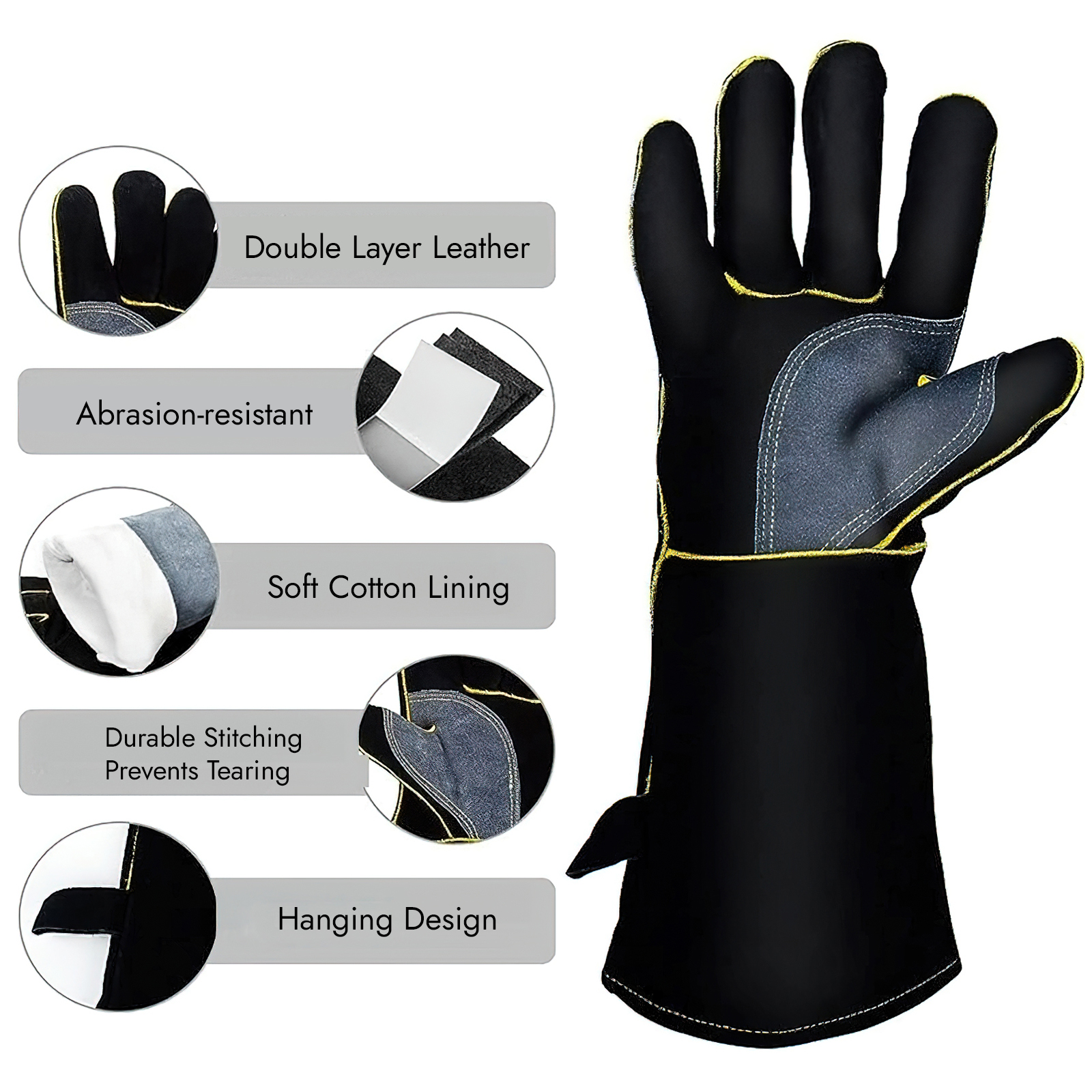 Bevtee 16-Inch Leather Welding Gloves, Black, Large photo 3