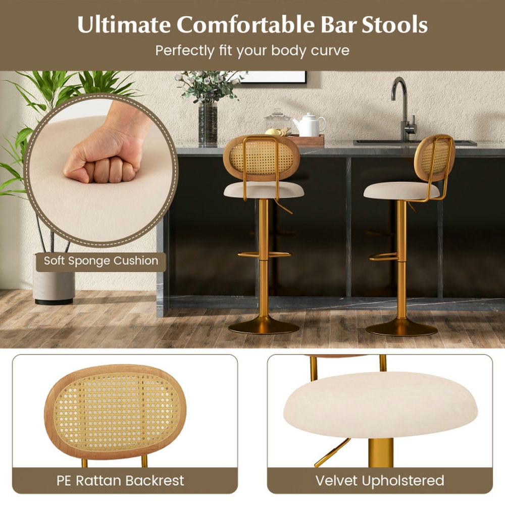 Demi Bonn 2 Pieces Bar Chairs with PE Rattan Backrest, 360°Swivel and Height Adjustable Modern Dining Chair, Gold