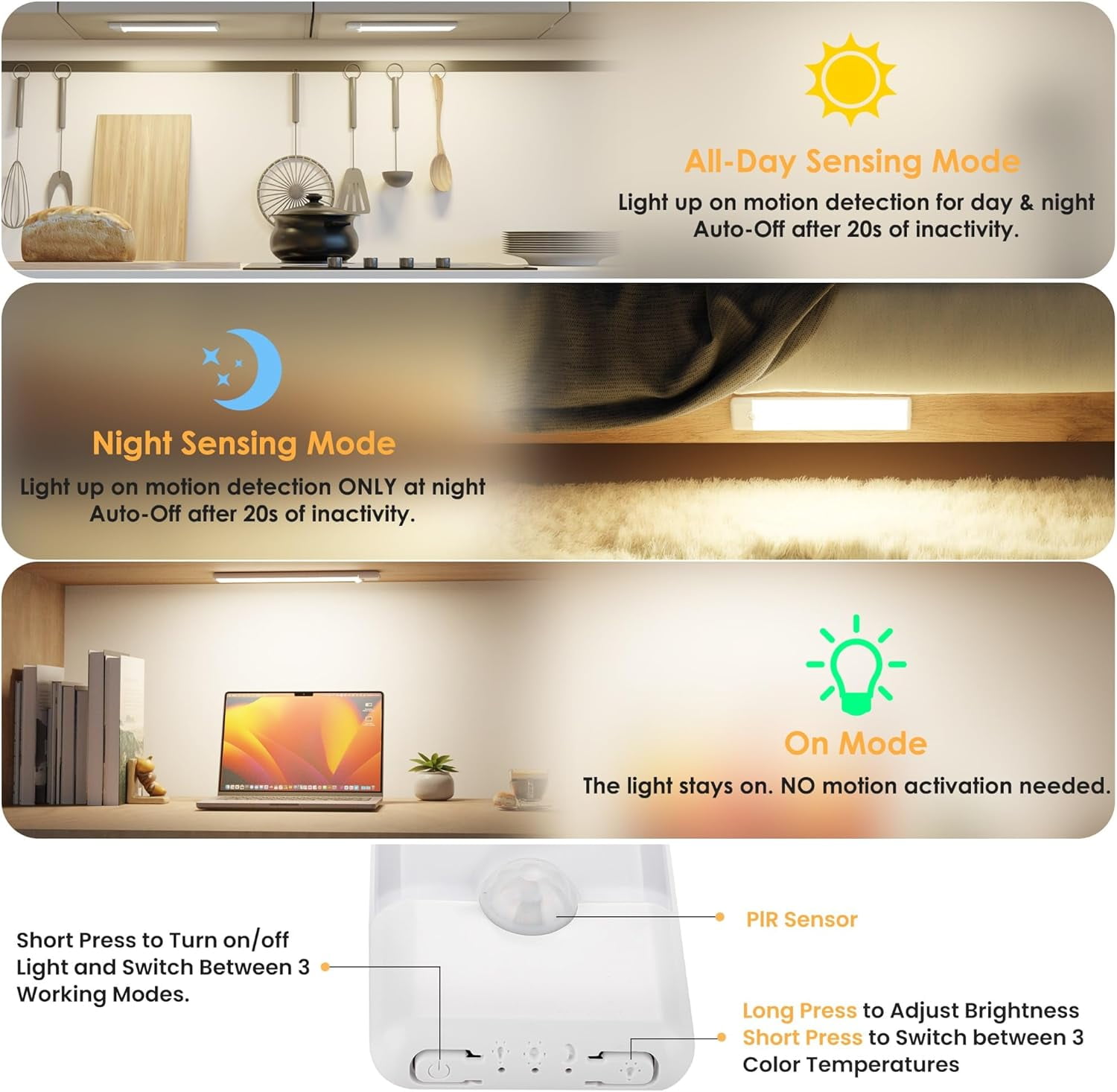 5-Pack Motion Sensor Under Cabinet Light, 3 Color Temperature Dimmable Rechargeable Magnetic Closet Light 7.9 inch Wireless Counter