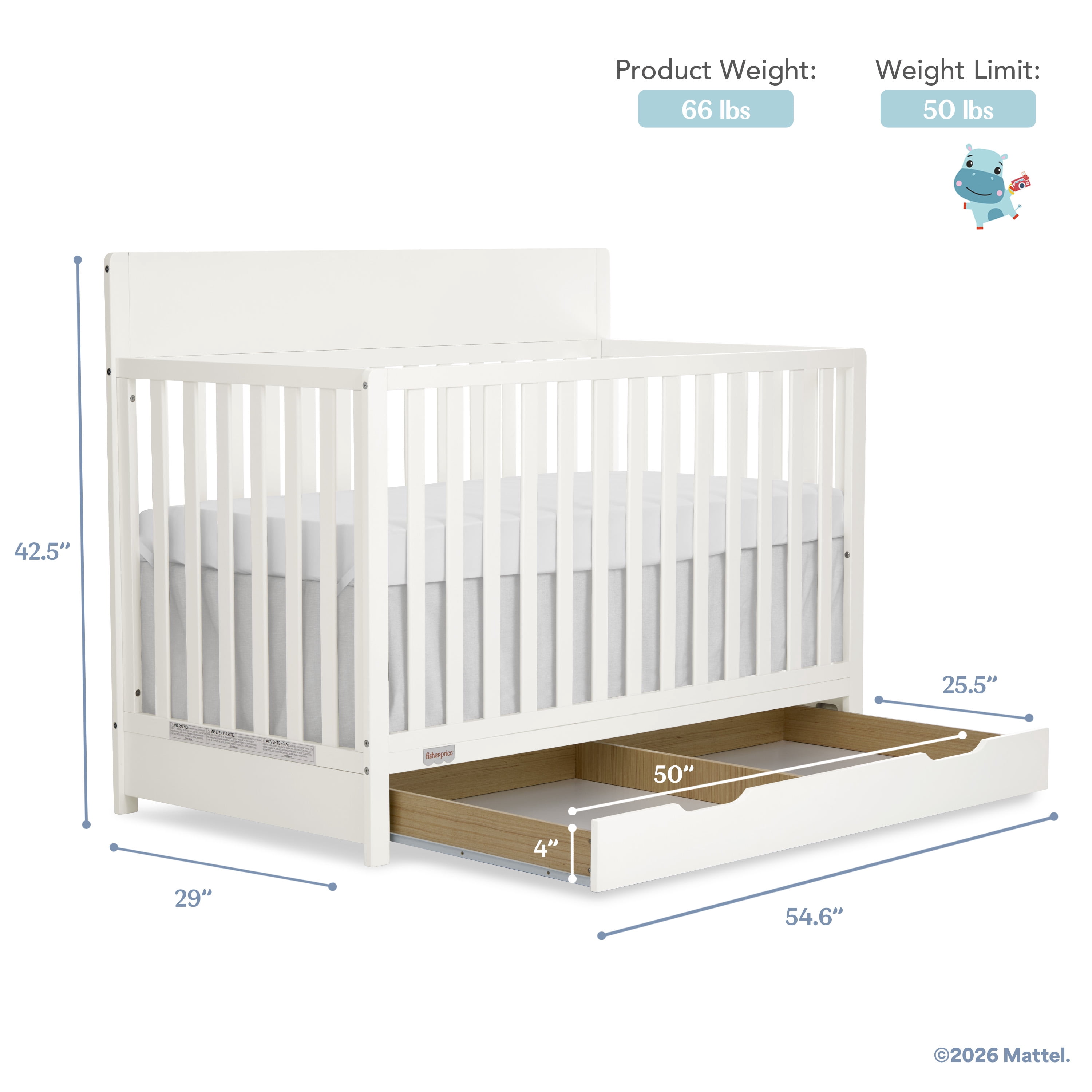 Fisher-Price Meadowbrook 4-in-1 Convertible Baby Crib with Drawer by Dream On Me, Cannoli Cream