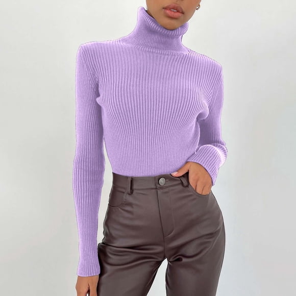 MPWEGNP Women Slim Fit Lightweight Long Sleeve Turtleneck Solid Color Tops Undershirt Knitted Warm Fashion Pullover Sweater Purple One Size