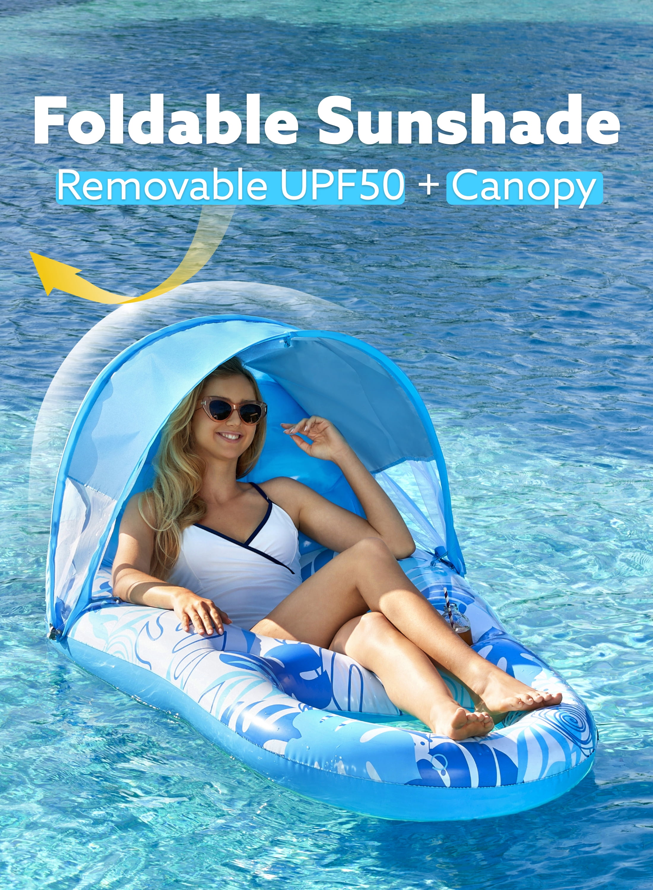 Joyfy Pool Lounge Float with Canopy for Adult, Inflatable Pool Floats Lounger Raft Floaties Water Floating Recliner Chair with Cup Holders Foot Rest Swimming Pool Floaty