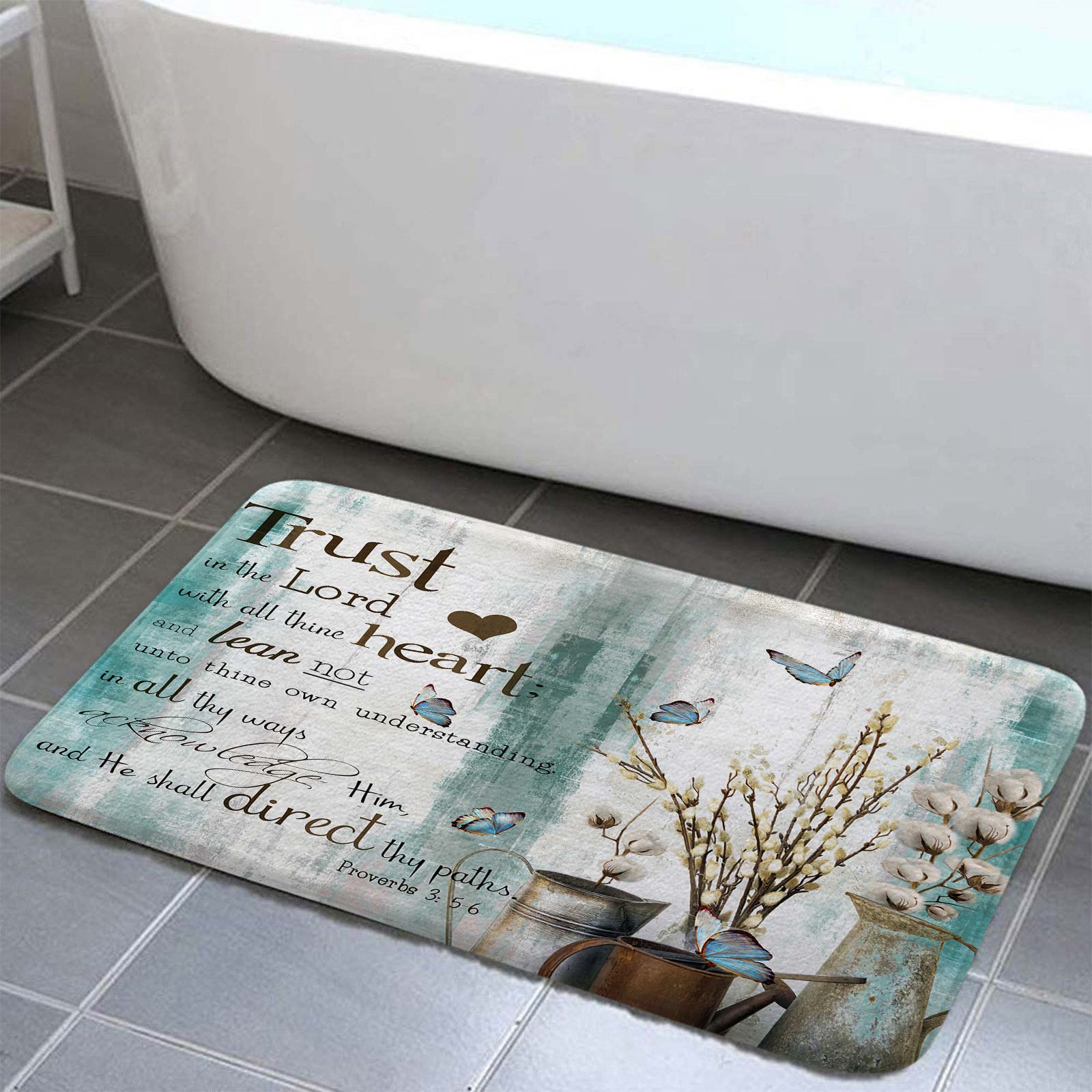 Rustic Farmhouse Teal Bath Rugs, Blue Butterfly Cotton Flower ...