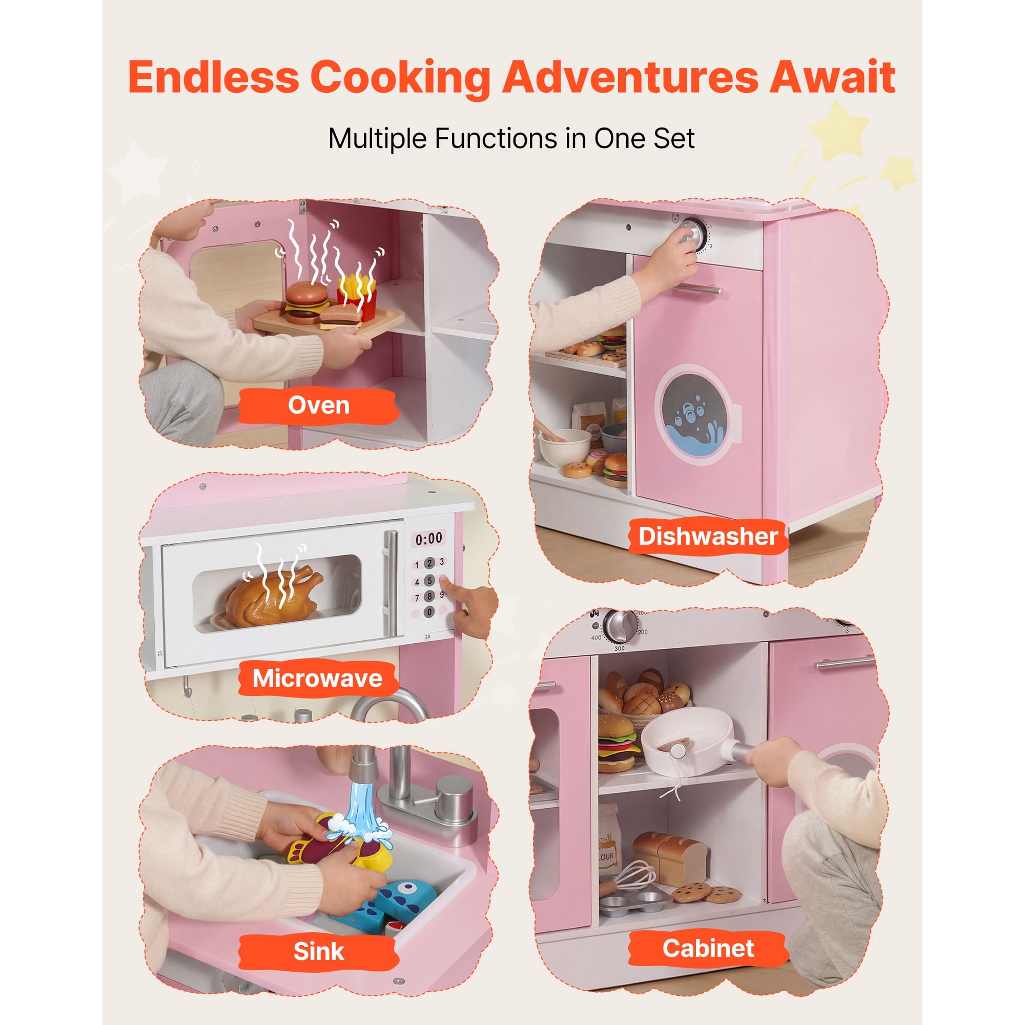 KFFKFF Wooden Play Kitchen for Kids, Pretend Play Set with Lights & Sounds, Includes Food & Cookware Accessories, Range Hood, Microwave, for Toddlers Ages 3-8, Pink