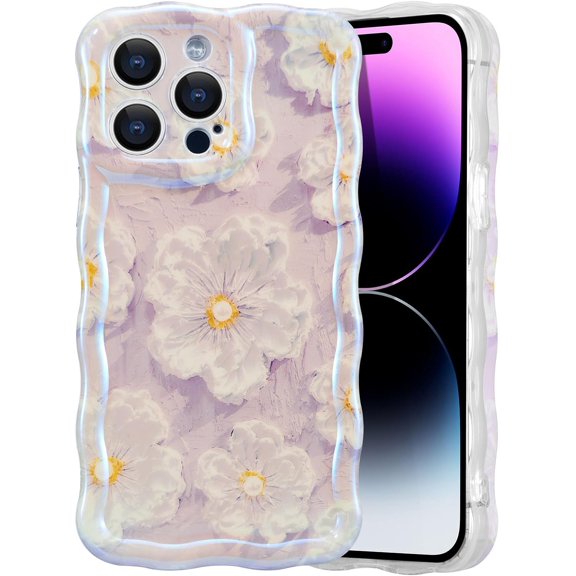 KOMI Case for iPhone 14 Pro, Colorful Retro Oil Painting Printed Flower Laser Glossy Pattern Cute Curly Waves Border Exquisite Phone Cover Stylish Durable TPU Protective Case for Girls Women