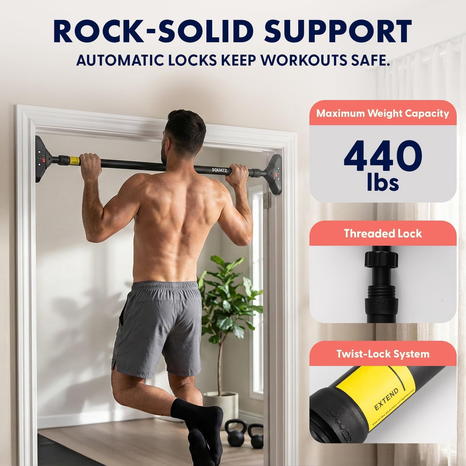 Squatz Doorway Pull Up Bar – Adjustable 45–55" No-Drill Door Frame Chin-Up Bar with Level Meter, Locking Mechanism, Foam Grips & Portable Design for Home Workouts