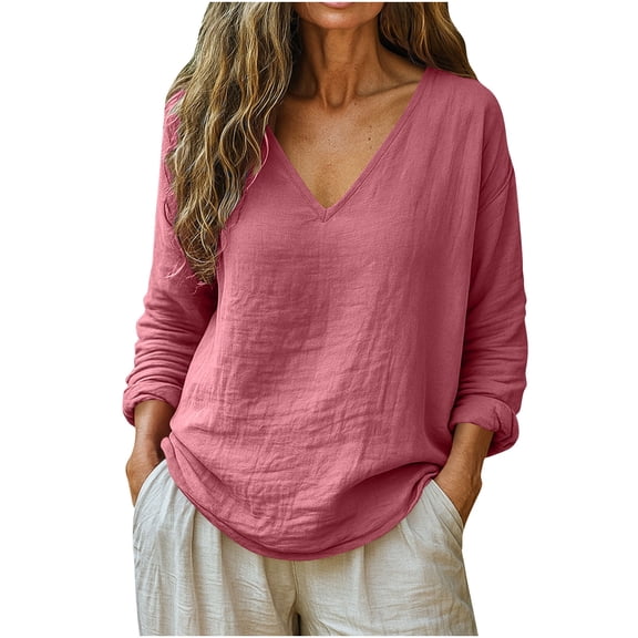 cocolona Womens Linen Tops V Neck Long Sleeve Shirts Fashion Casual Loose Solid Color Blouses Lightweight T-shirt