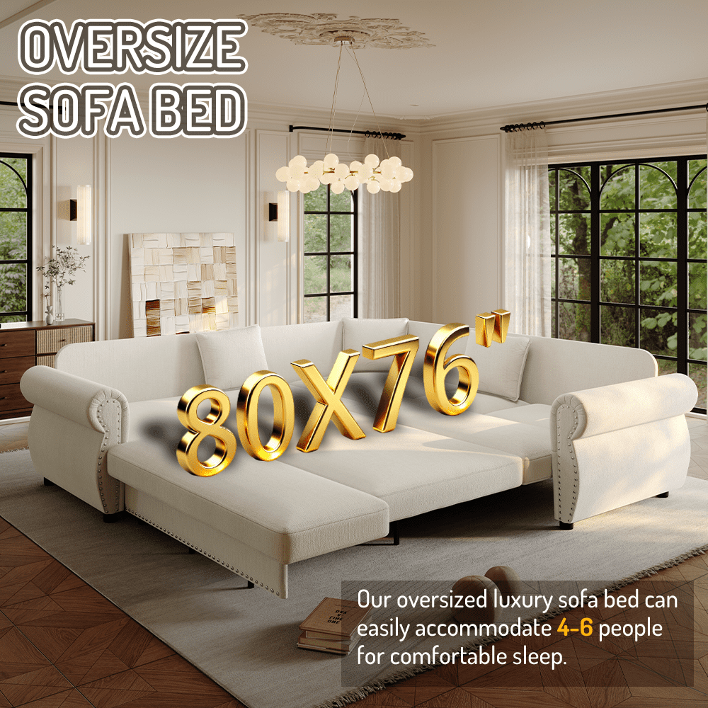 88.2'' Pull Out Couch, Convertible Sleeper Sofa Bed, Upholstered Sectional Sofa, Chenille L-Shaped Couch with Nailhead Trim, 4-Seater Modern Sectional Couches for Living Room, Apartment, Beige
