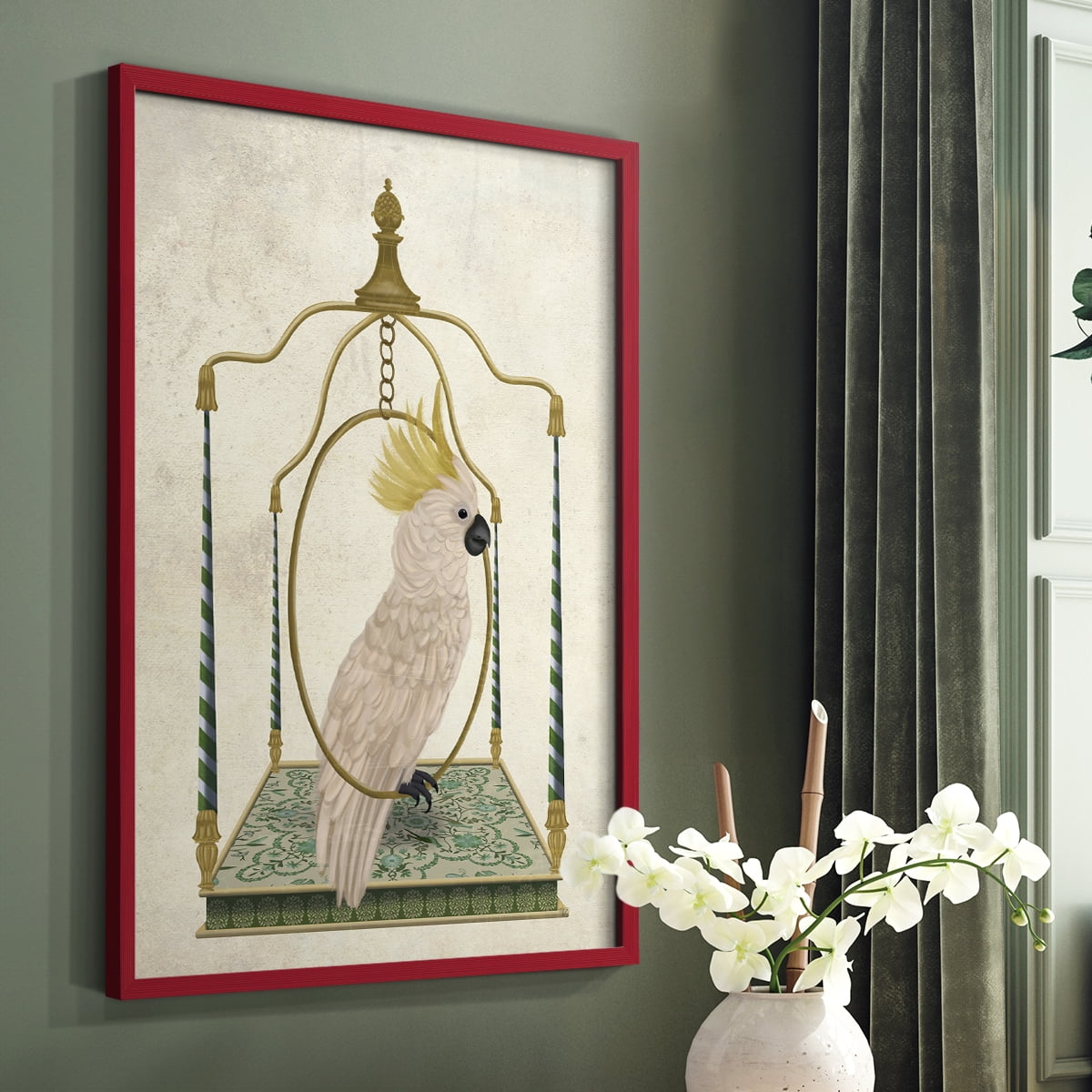 White Cockatoo on Swing Framed Print in Red Solid Wood 8 x 10 Framed Print