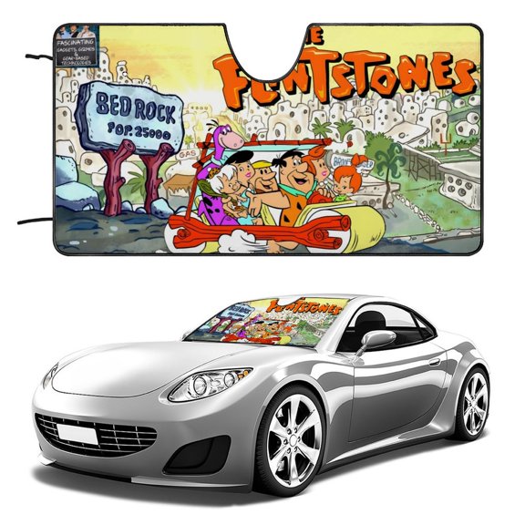 Flintstones-theme Windshield Sun Shade Front Protector Folding Car Sun Visor Blocks Uv Rays Keeps Your Vehicle Cool52in*28in(130cm*70cm)