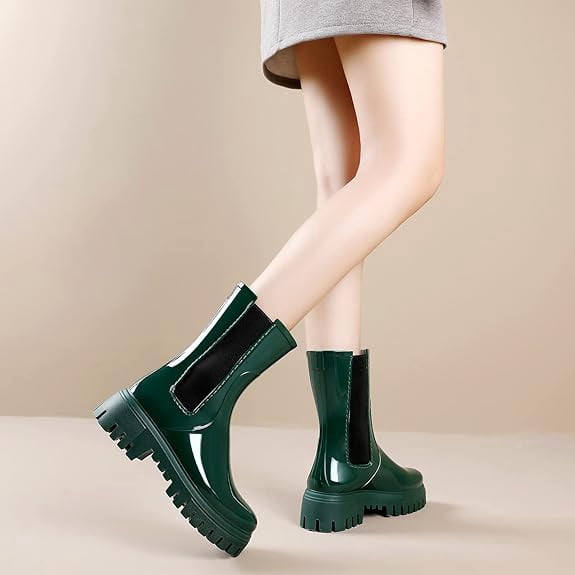 Lcamaw Rain Boots for Women, Waterproof PVC Rubber Garden Boots Womens Chelsea Boots Short Platfrom Rain Boots, Anti-Slip Elastic Slip On Rainboots Garden Rain Shoes for Yard Farm Outdoor Work