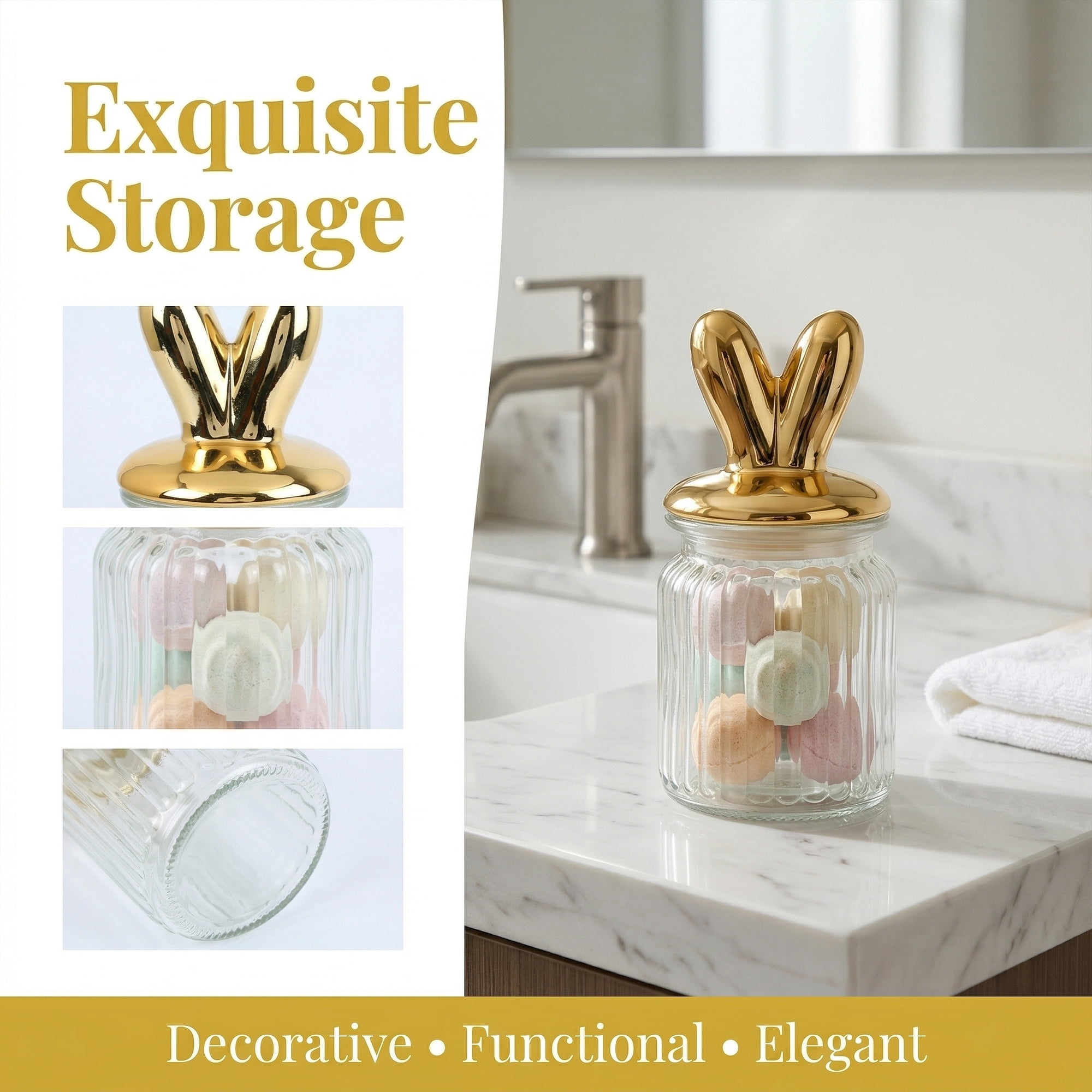 Unique Bargains Decorative Glass Jar With Lid Golden Rabbit Ears 3" x 3" x 5.5"