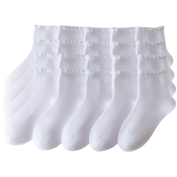 TELOLY Girls Lace Trim Cotton Socks 10 Pairs, Mid Crew Ruffle Socks for Girls Ages 3-14, Seamless Soft Breathable White Socks with Stretchy Ribbed Cuff for School and Everyday Wear