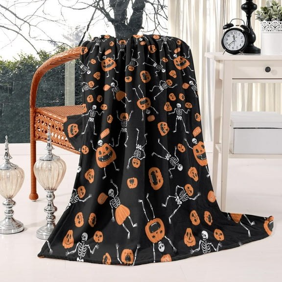 Skeleton Pumpkin Halloween Blanket 50x60 Inches Spooky Skull Ghost Print Soft Plush Cozy Throw for Sofa