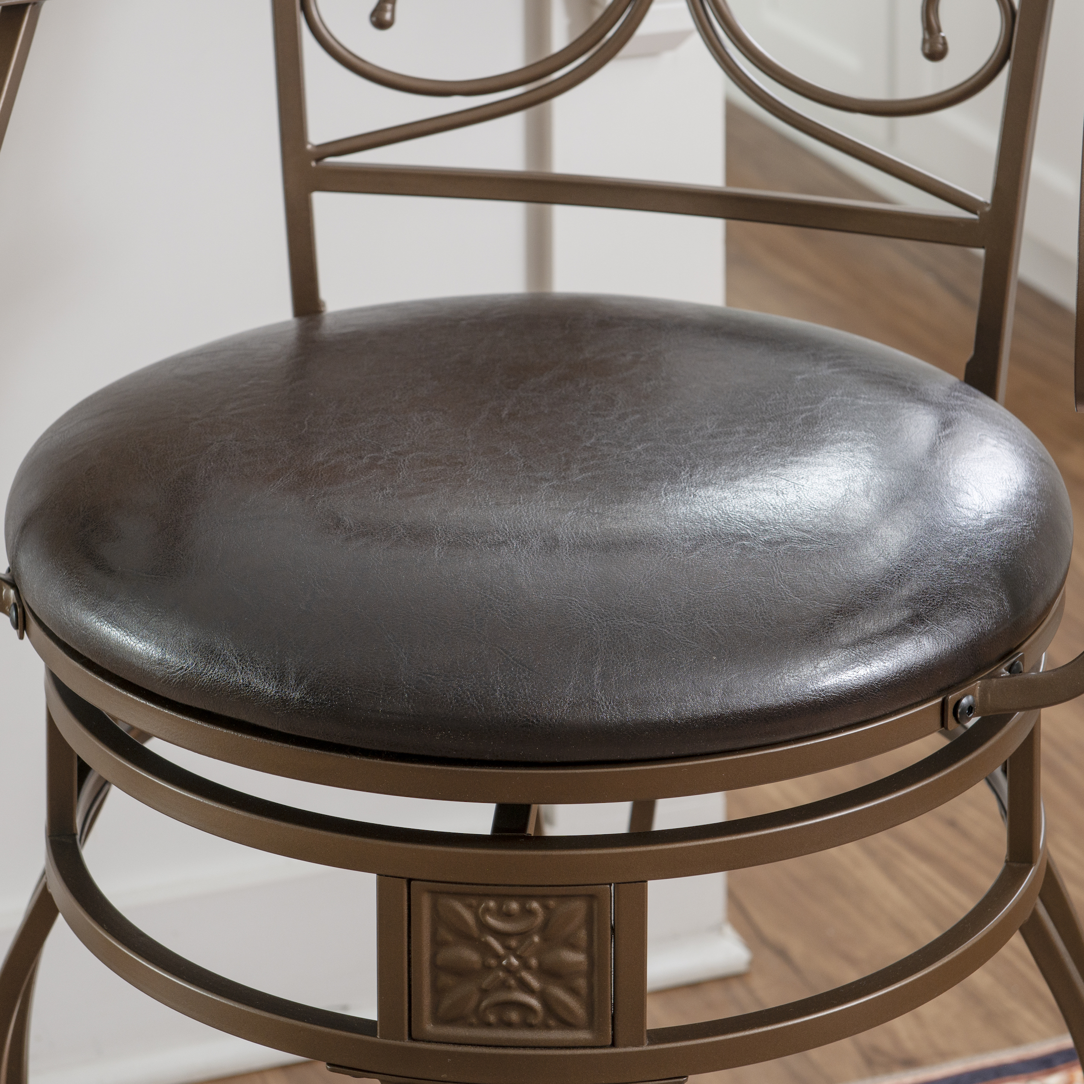 Powell Big & Tall 24" Indoor Metal Ornate Swivel Counter Stool with Arms, Bronze/Dark Brown Faux Leather