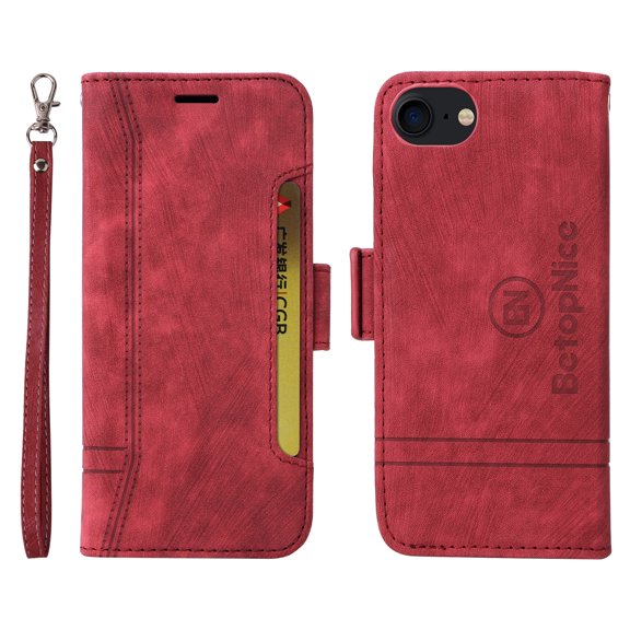 K-Lion Wallet Case for iPhone SE 2022/iPhone SE 2020/iPhone 8/iPhone 7,Shockproof Magnetic Clasp Folio Flip Kickstand ID Credit Card Slots Holder PU Leather Wallet Phone Cover with Wrist Strap,Red