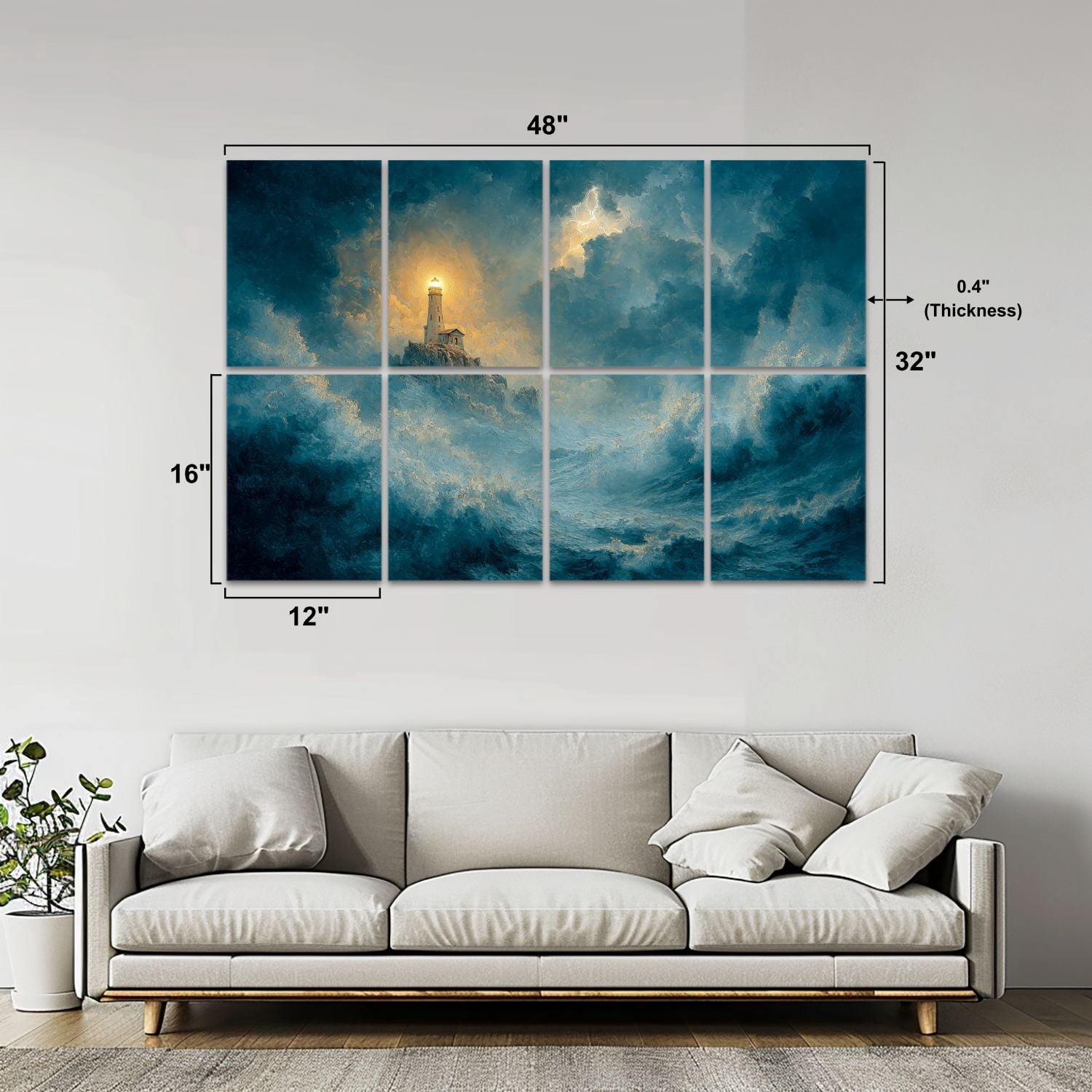 8 Pack Art Acoustic Panels Sound Absorbing Stormy Seascape Lighthouse Amidst Massive Waves Painterly Decorative Soundproof Wall Panels Self Adhesive for Nursery Game Room Bedroom 48"x32"