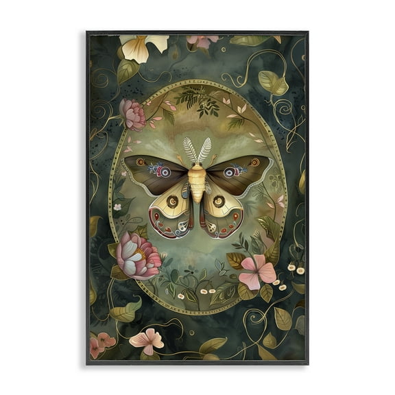 Stupell Industries Ornate Victorian Moth Floral Painting Black Framed Art Print Wall Art, 12 x 18
