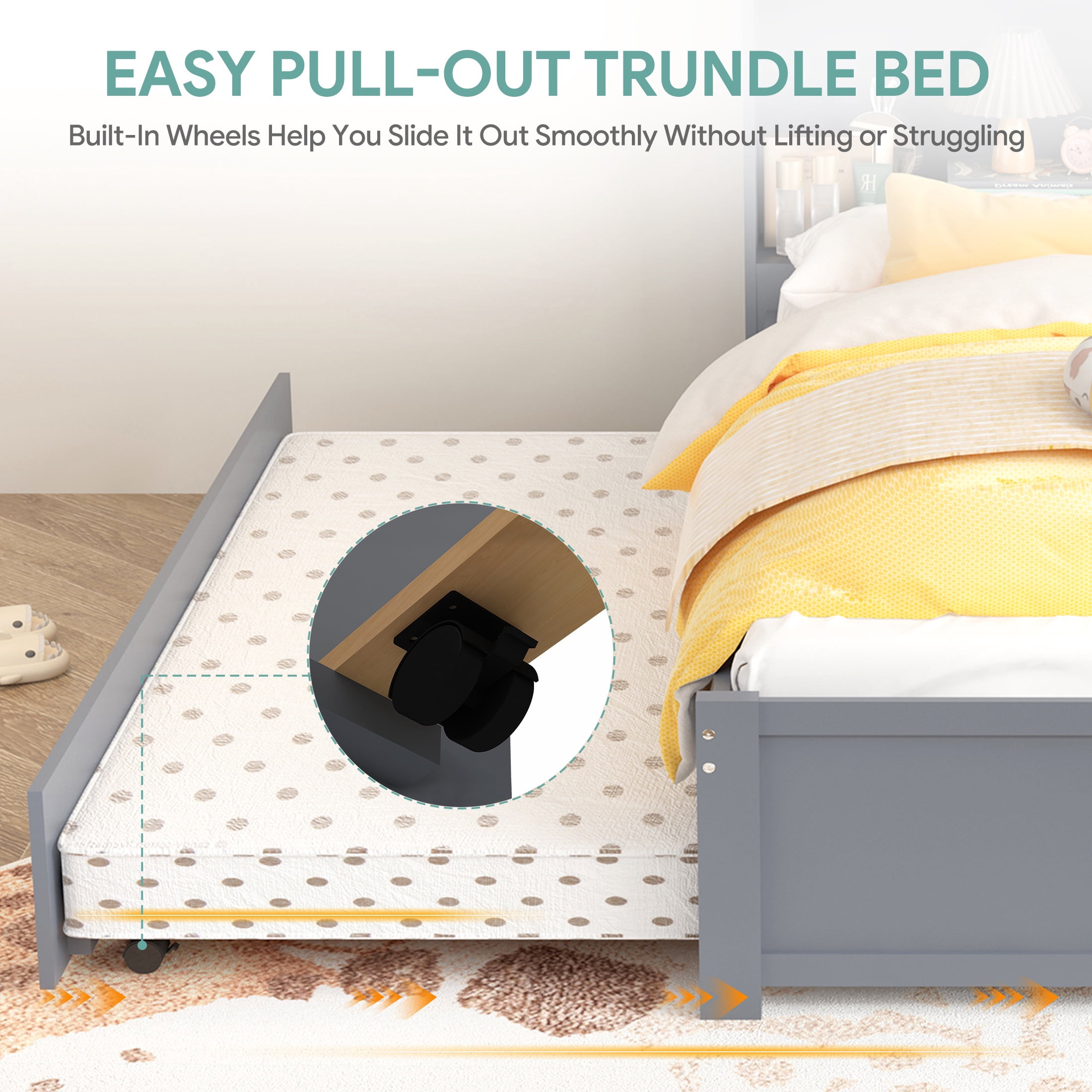 UHOMEPRO Twin Trundle Bed with Storage Headboard, Gray Trundle Bed Frame for Kids Girls Boys, Twin Bed with Trundle, No Box Spring Needed