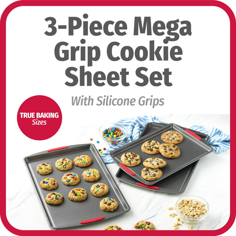 GoodCook Mega Grip Set of 3 Nonstick Steel Multipurpose Cookie Sheets with Silicone Grip Handles, Gray