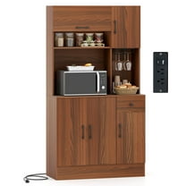 Costway 66" Pantry Cabinet Tall Kitchen Storage Cabinet with Charging Station Brown