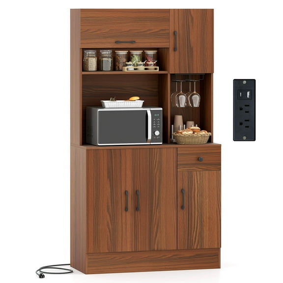 Costway 66" Pantry Cabinet Tall Kitchen Storage Cabinet with Charging Station Brown
