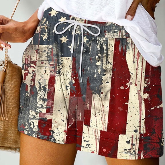 Qulqfy 4th of July Lounge Shorts Women High Waisted Athletic Drawstring Elastic Waist USA Flag Print Pockets Bow Women Shorts