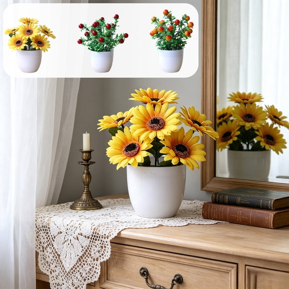 Dongrere Artificial Potted Plants with White Plastic Pot Fake Bush Greenery Faux Flower Arrangement Decorative for Home Bedroom Office Desk, A