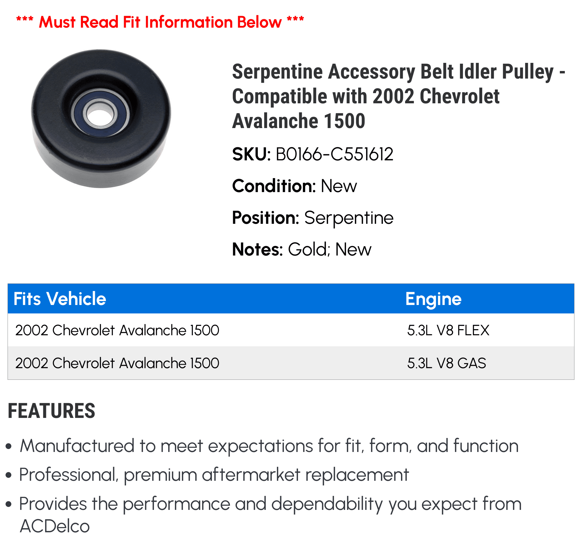 Serpentine Accessory Belt Idler Pulley - Compatible with 2002 Chevy Avalanche 1500