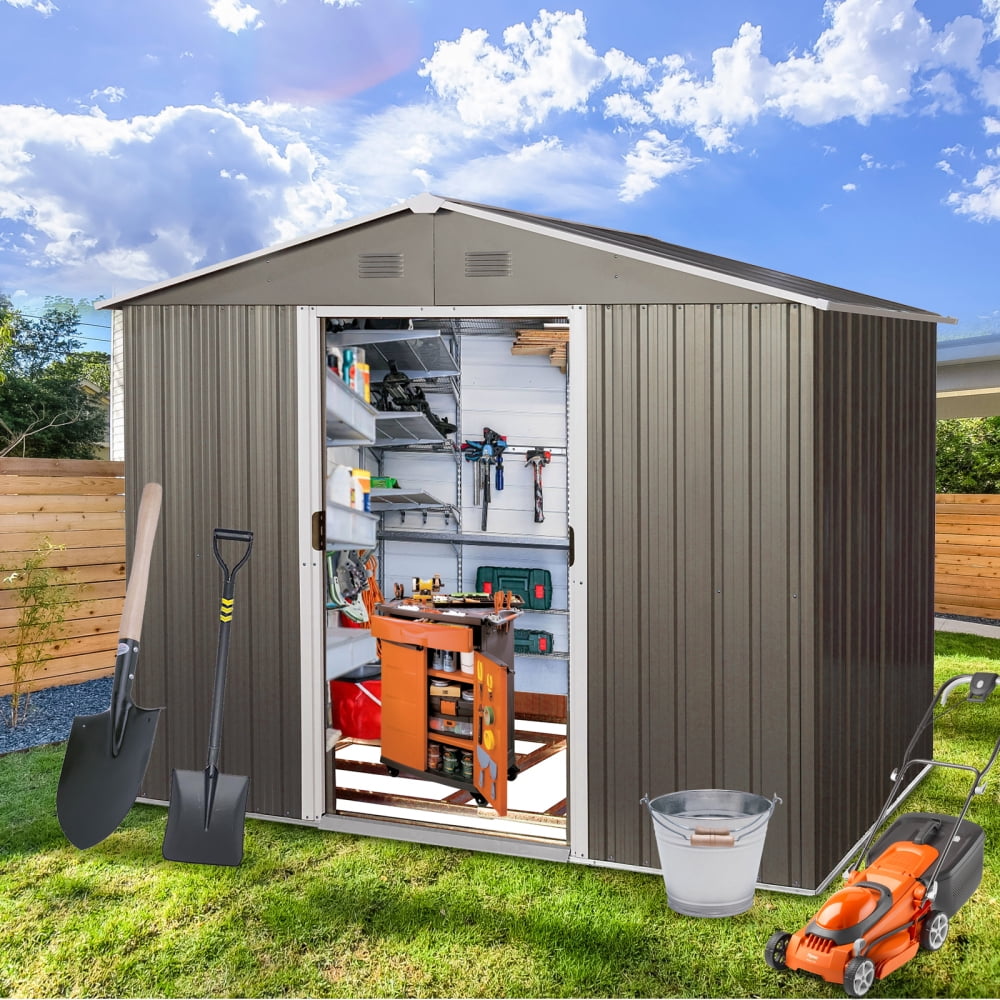 Ventilated 8x6 FT Outdoor Tool Shed - Features Window, Sliding Doors with Padlock & Galvanized Steel Construction