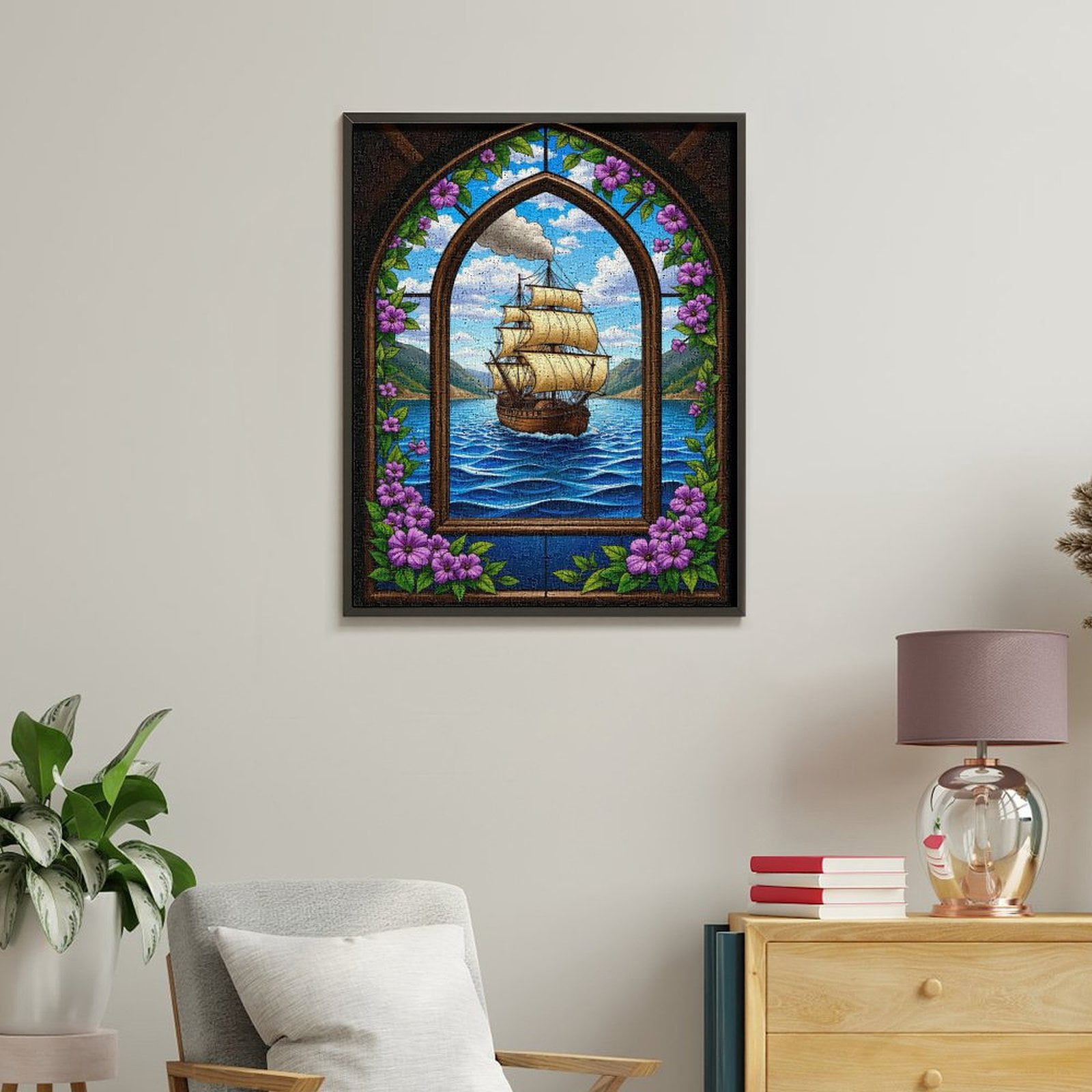 Paint By Numbers Kit for Adults Beginner - DIY Sailing Vessel Stained Glass Art Canvas Painting Kits for Adults, Frameless Paint By Number for Adults for Home Wall Decor 16x20 Inch