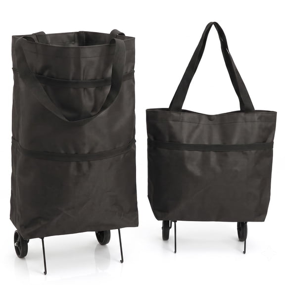 2-in-1 Foldable Shopping Bag with Wheels, Expandable Reusable Grocery Tote and Portable Rolling Cart Bag, 1-Pack