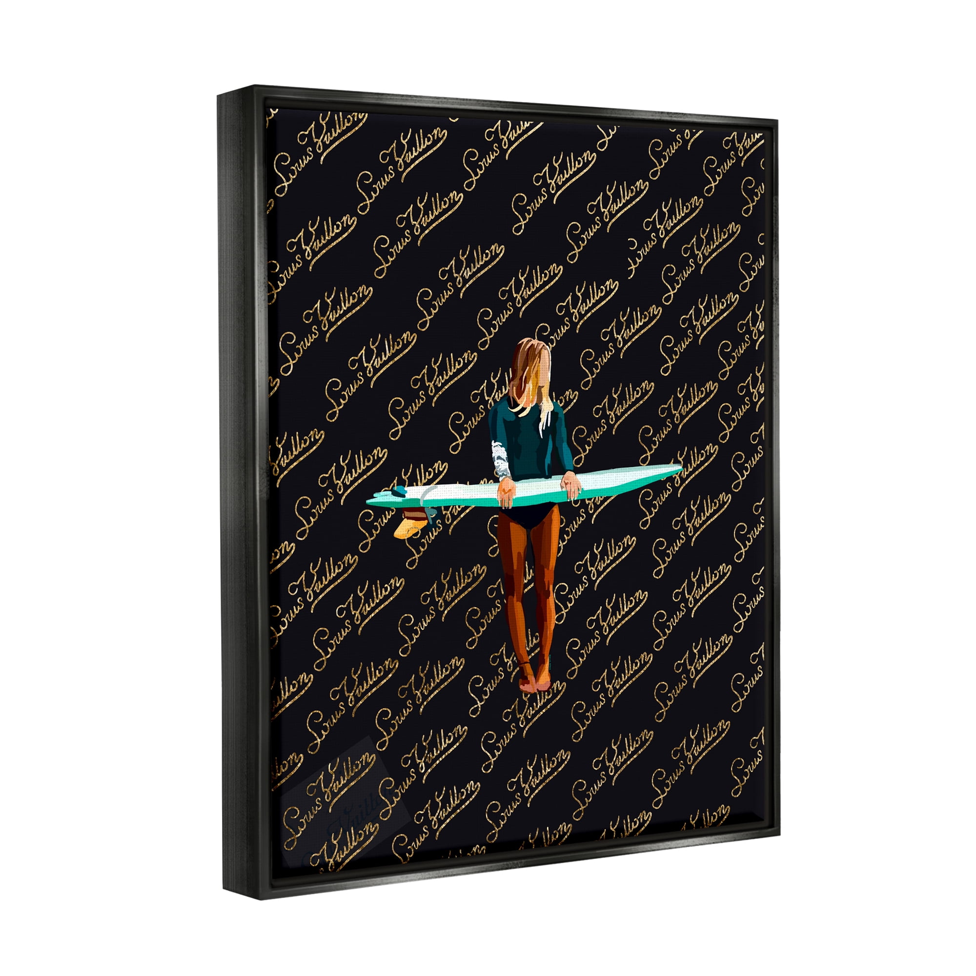 Stupell Industries Glam Girl with Surfboard Sports Painting Black Floater Framed Canvas Art Print Wall Art, 25 x 31