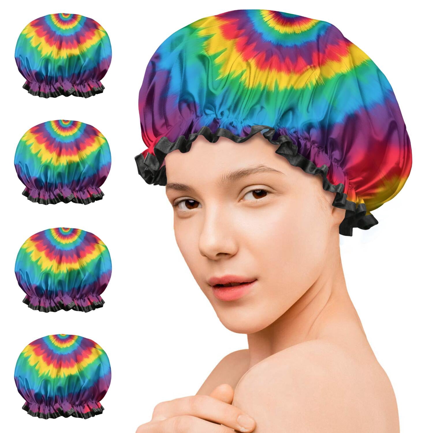 Shower Caps,Colorful Rainbow Tie Dye Spiral Pattern Waterproof Shower Cap for Women 4 Pieces,Double Reusable Hair Cover for Shower PEVA Elastic Stretch Hem