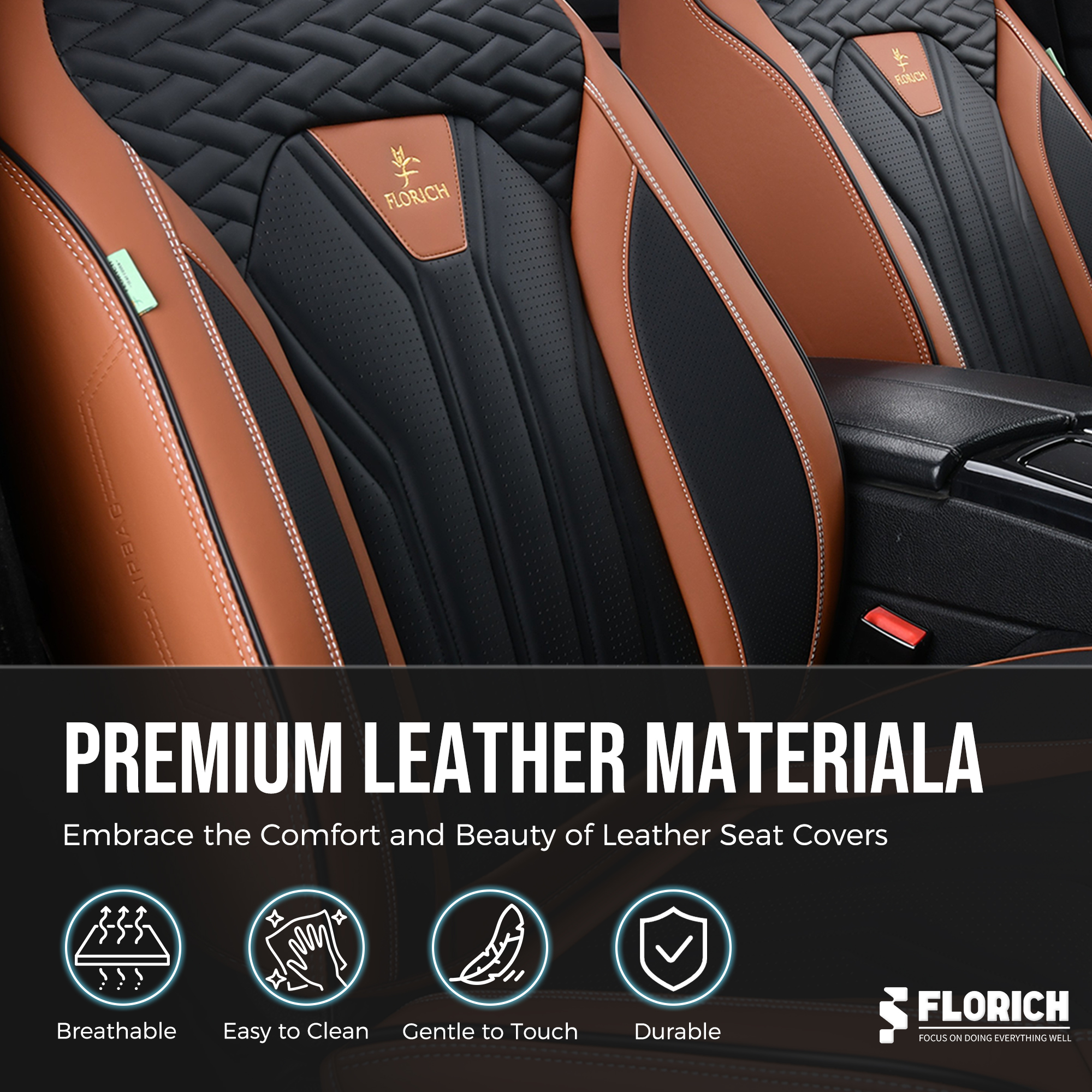 FLORICH Leather Car Seat Covers, Full Set, Brown Black photo 8