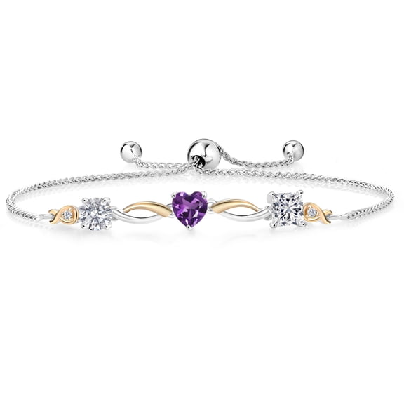 Gem Stone King 925 Silver and 10K Yellow Gold Purple Amethyst and Lab Grown Diamond Bracelet for Women | 2.02 Cttw | Gemstone April Birthstone | Round 5MM | Fully Adjustable 9 inch