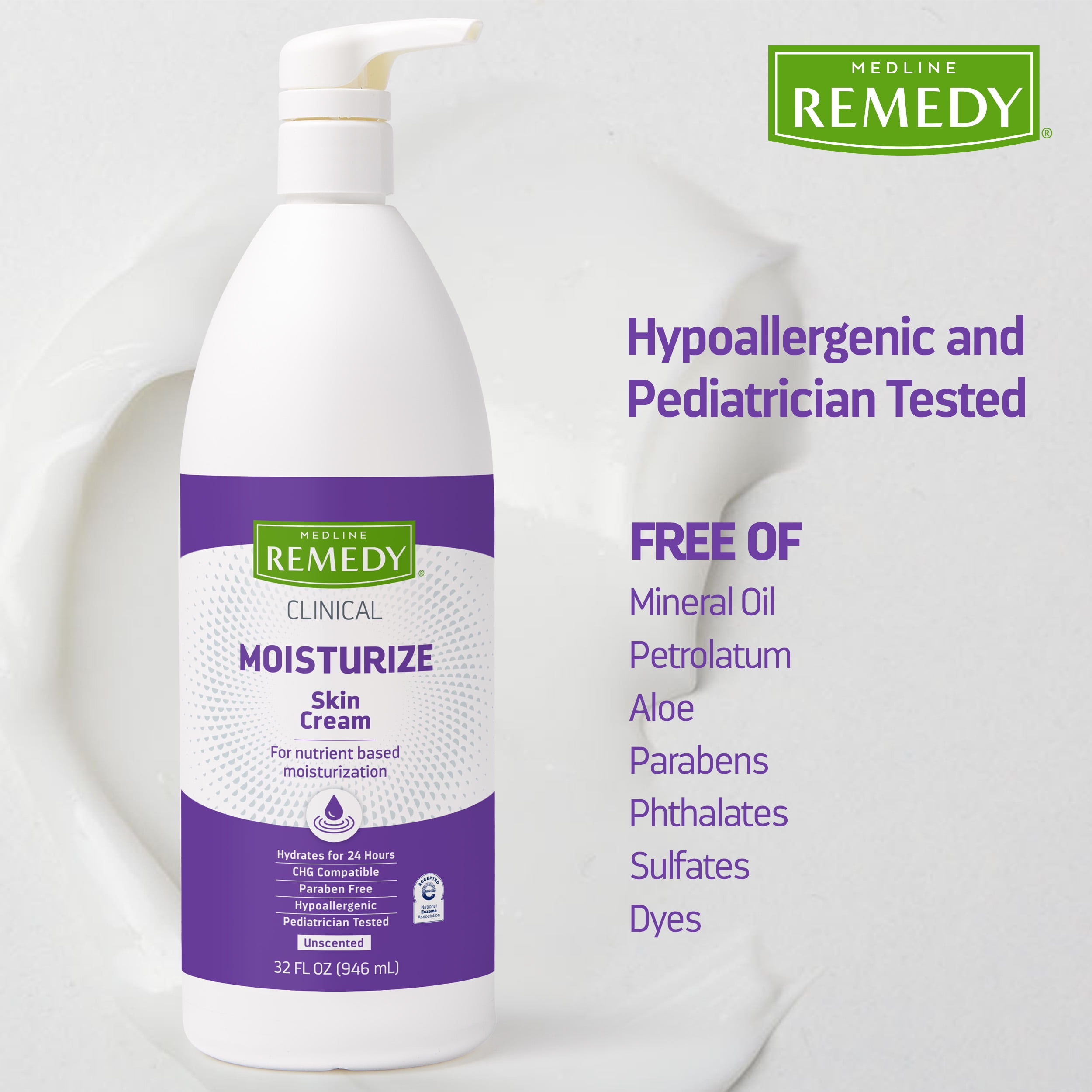 Medline Remedy Clinical Skin Cream, Unscented (32 fl oz), Moisturizing Face and Body Cream for All Ages